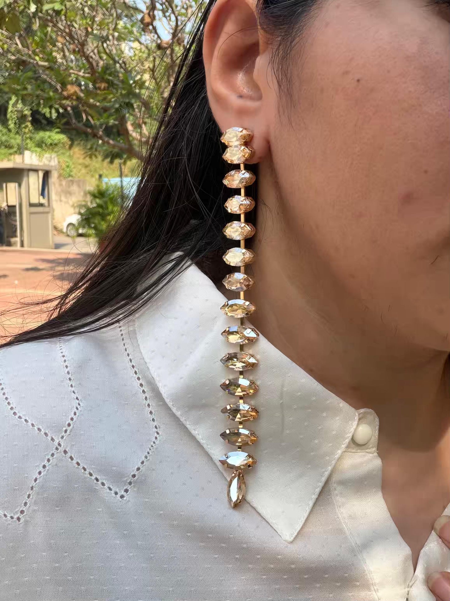 Golden Colour Stones Layers Long Gold Plated Earrings