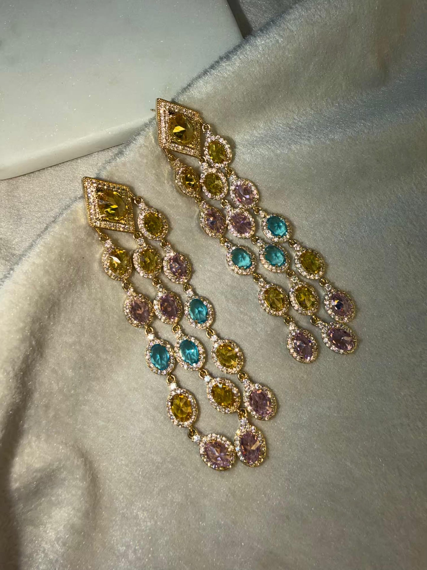 Aqua Blue & Blush Pink Cascade Luxury Party Wedding Rhodium Gold Plating Earrings