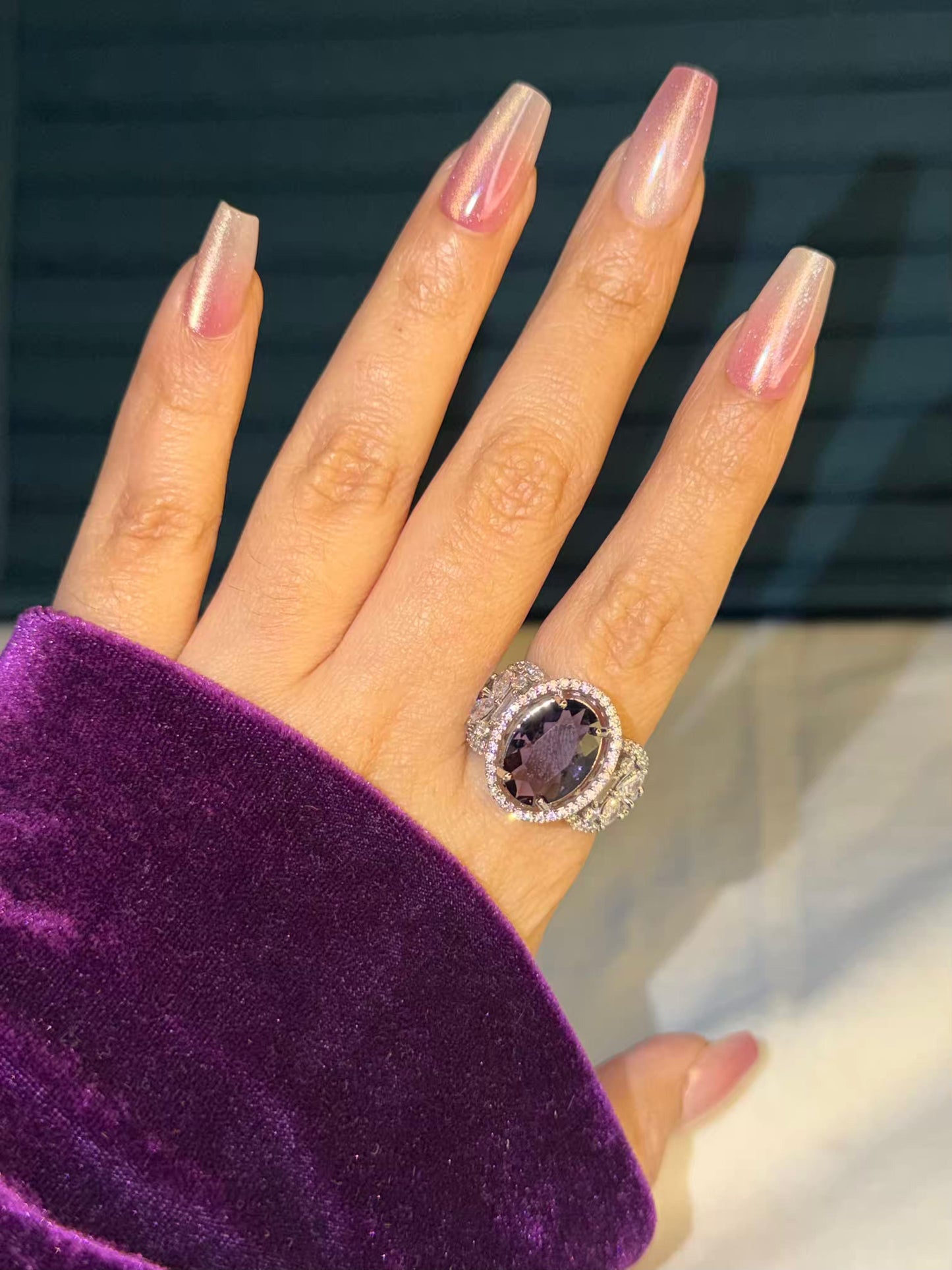 Purple Oval Stone Silver Plated Premium Ring (Adjustable)