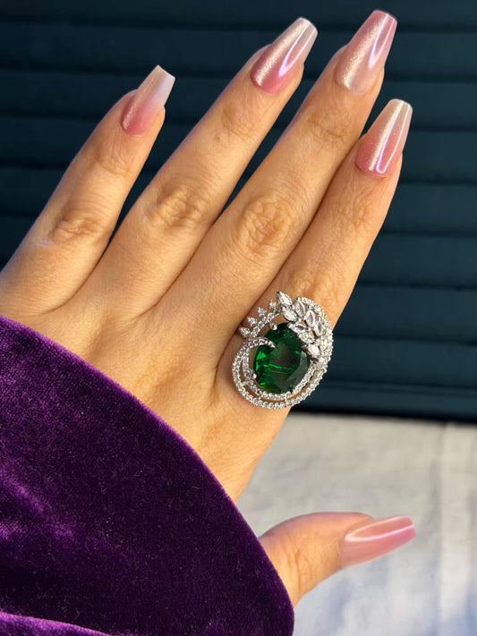 Emerald Orbit Royale Silver Plated Premium Ring (Adjustable)