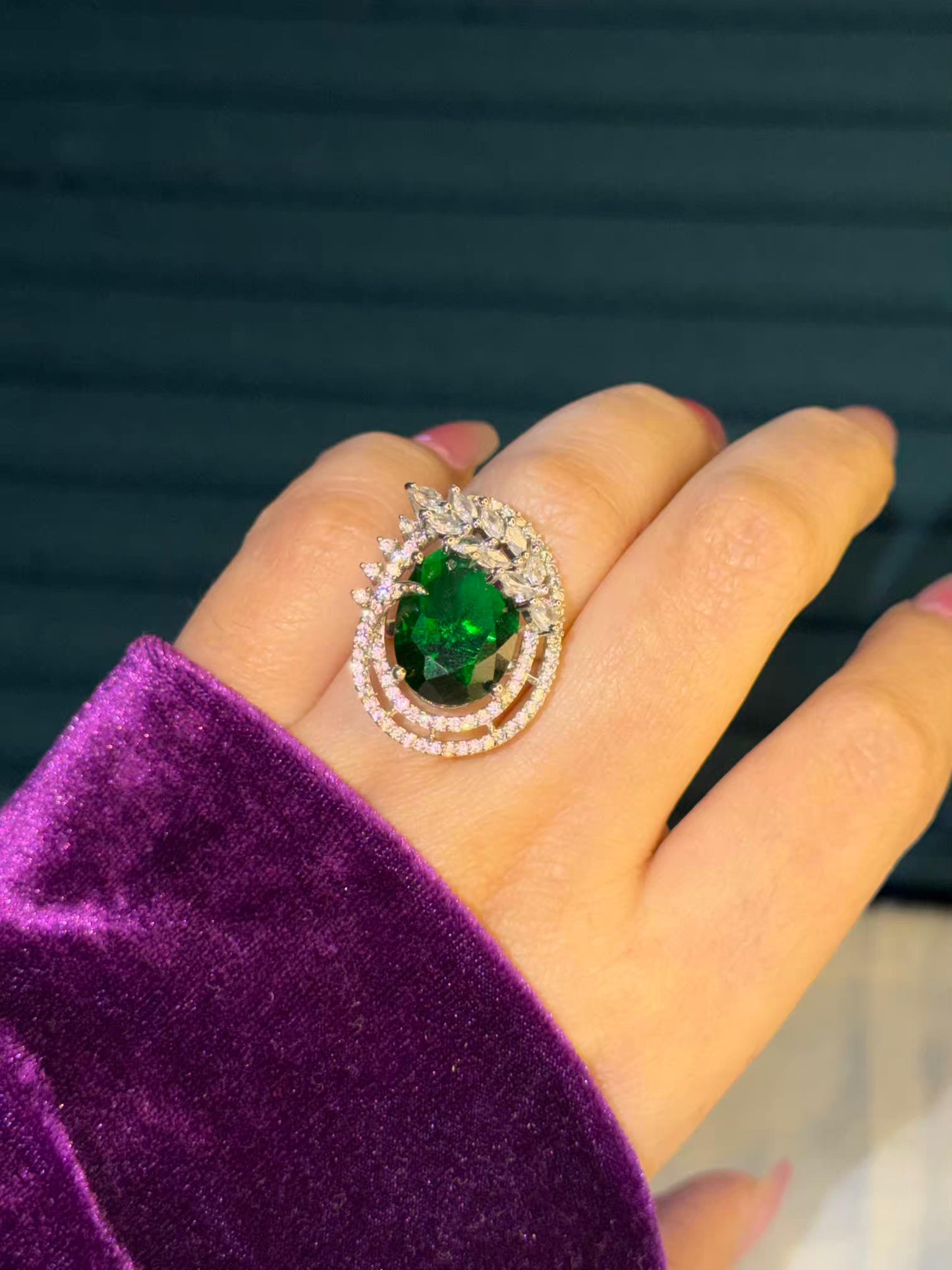 Emerald Orbit Royale Silver Plated Premium Ring (Adjustable)