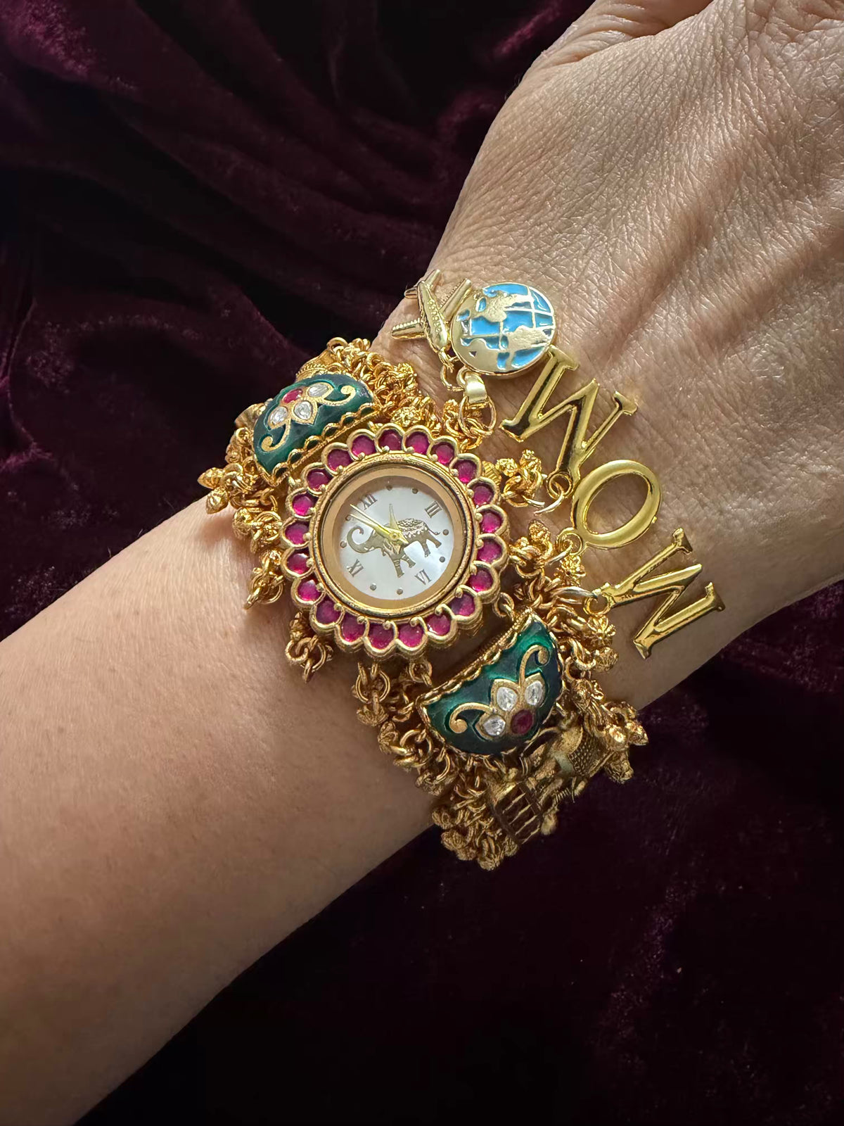 I Love You Mom White Dial Pink Stone Elephant Charm Emerald Green Heritage Maharani Watch Bracelet
