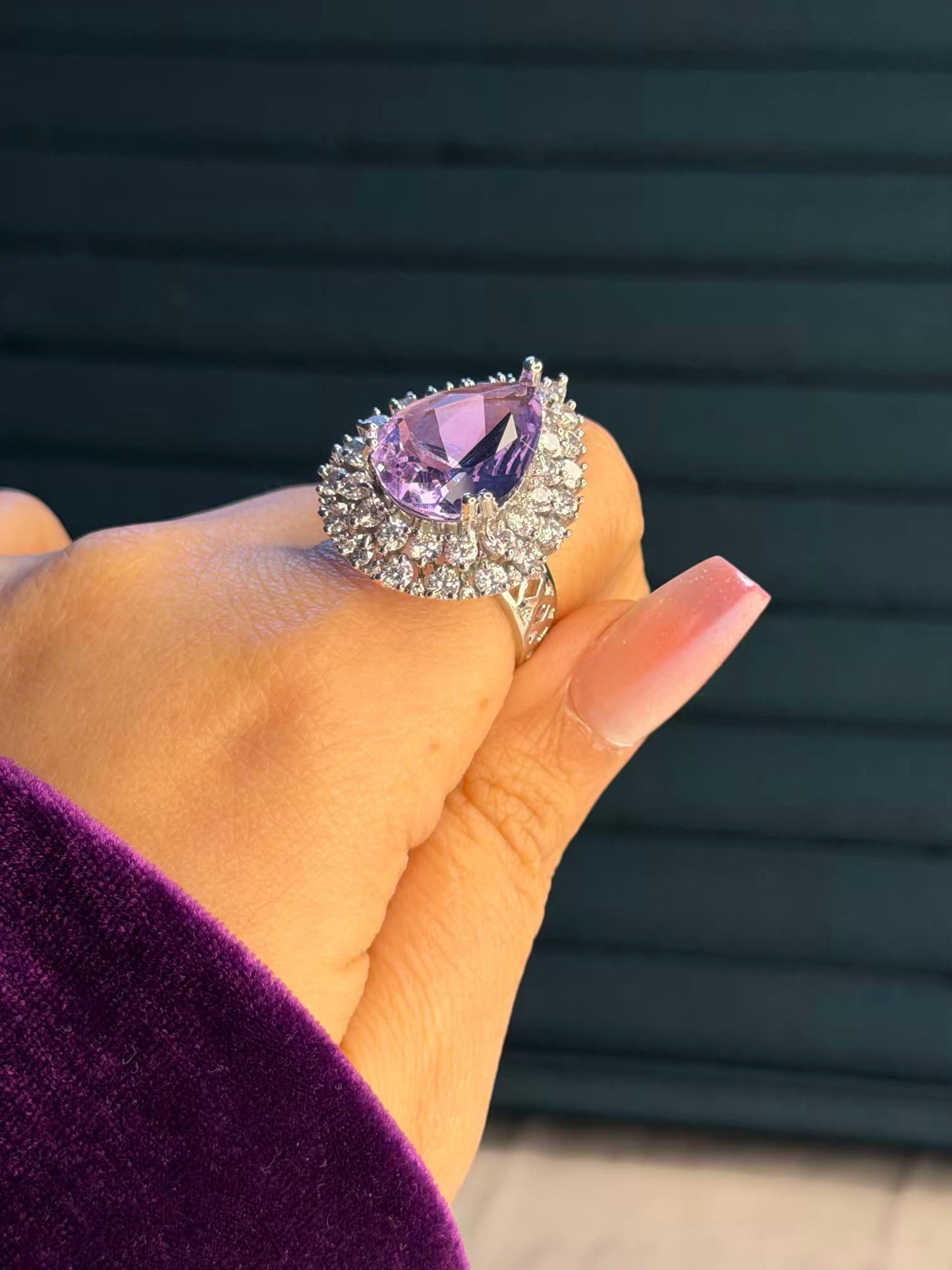 Purple Crystal Stone Silver Plated Premium Ring (Adjustable)