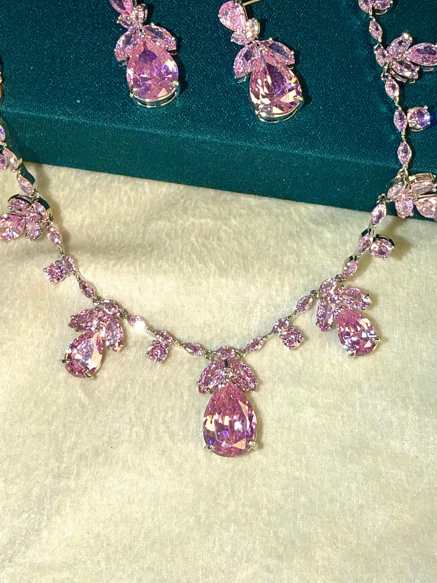 Pink Floral Rhodium Plated Necklace Set with Earrings