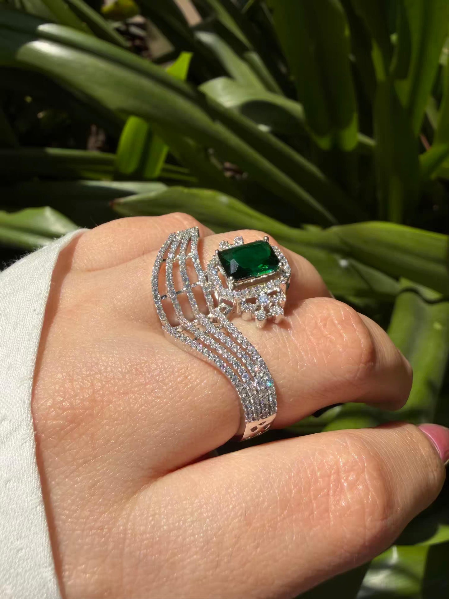 Cocktail Green Stone Silver Plated Rings