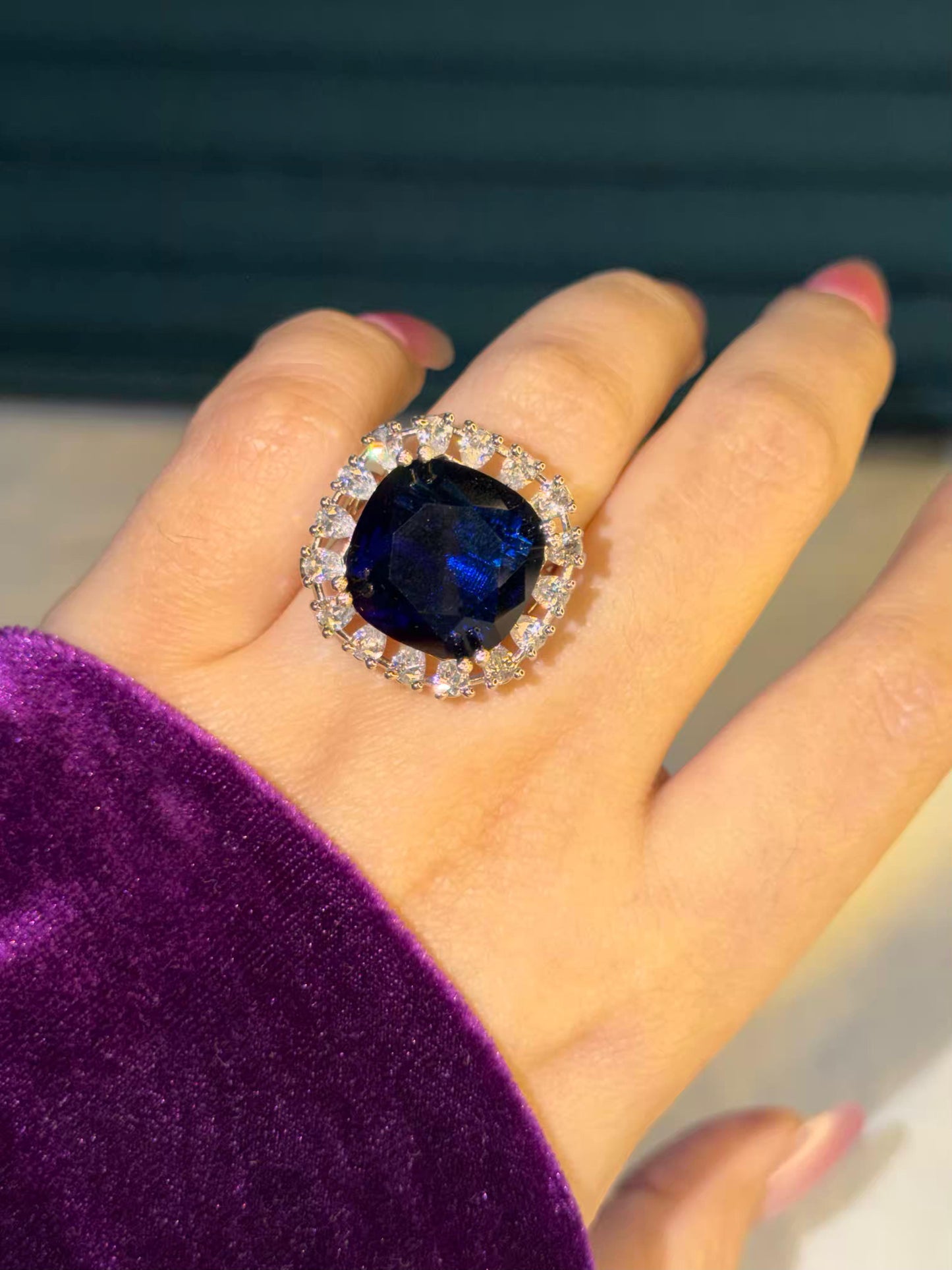 Royale Blue Statement Silver Plated Premium Ring (Adjustable)