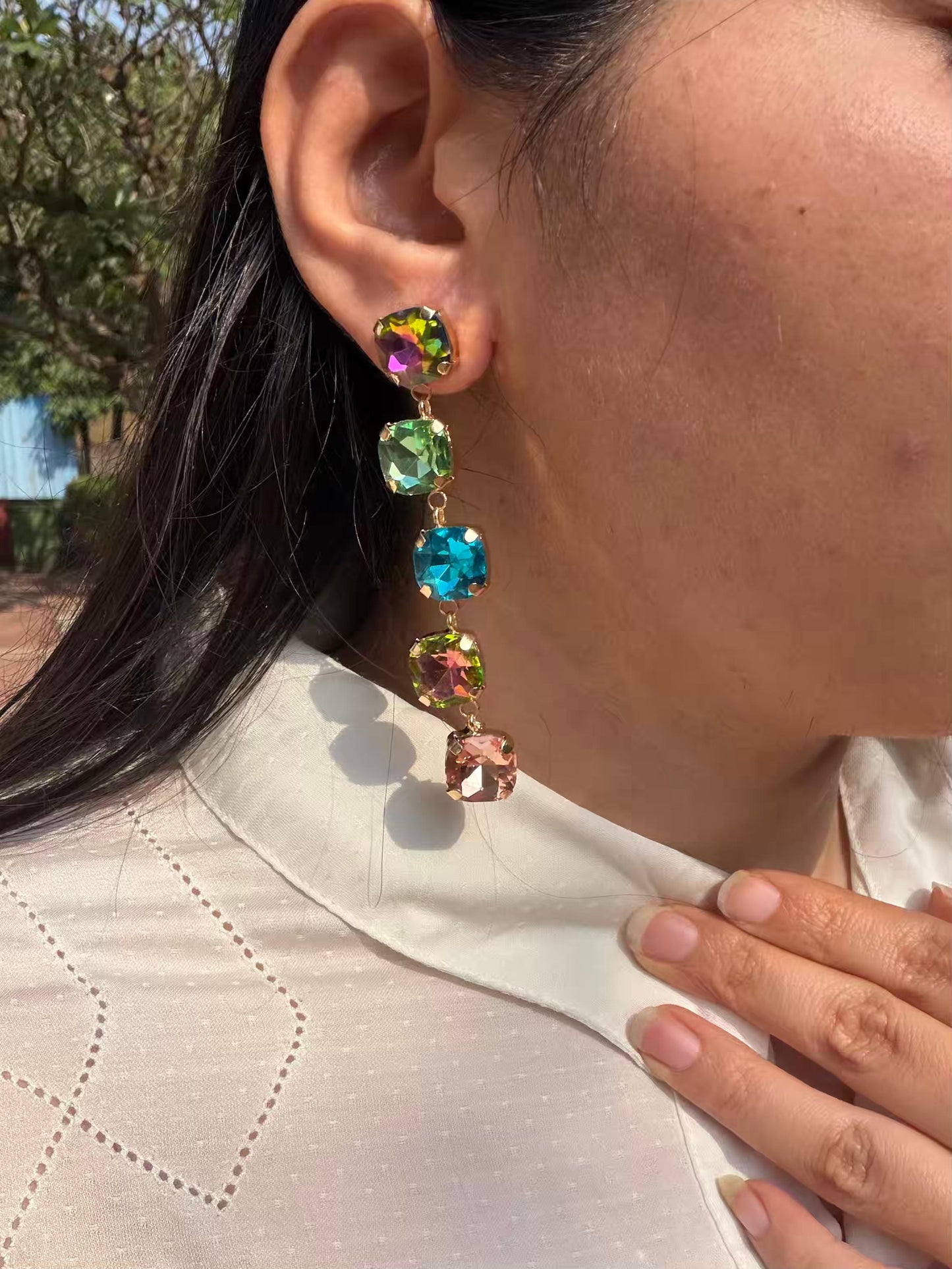 Multi Colour Square Stones Gold Plated Earrings