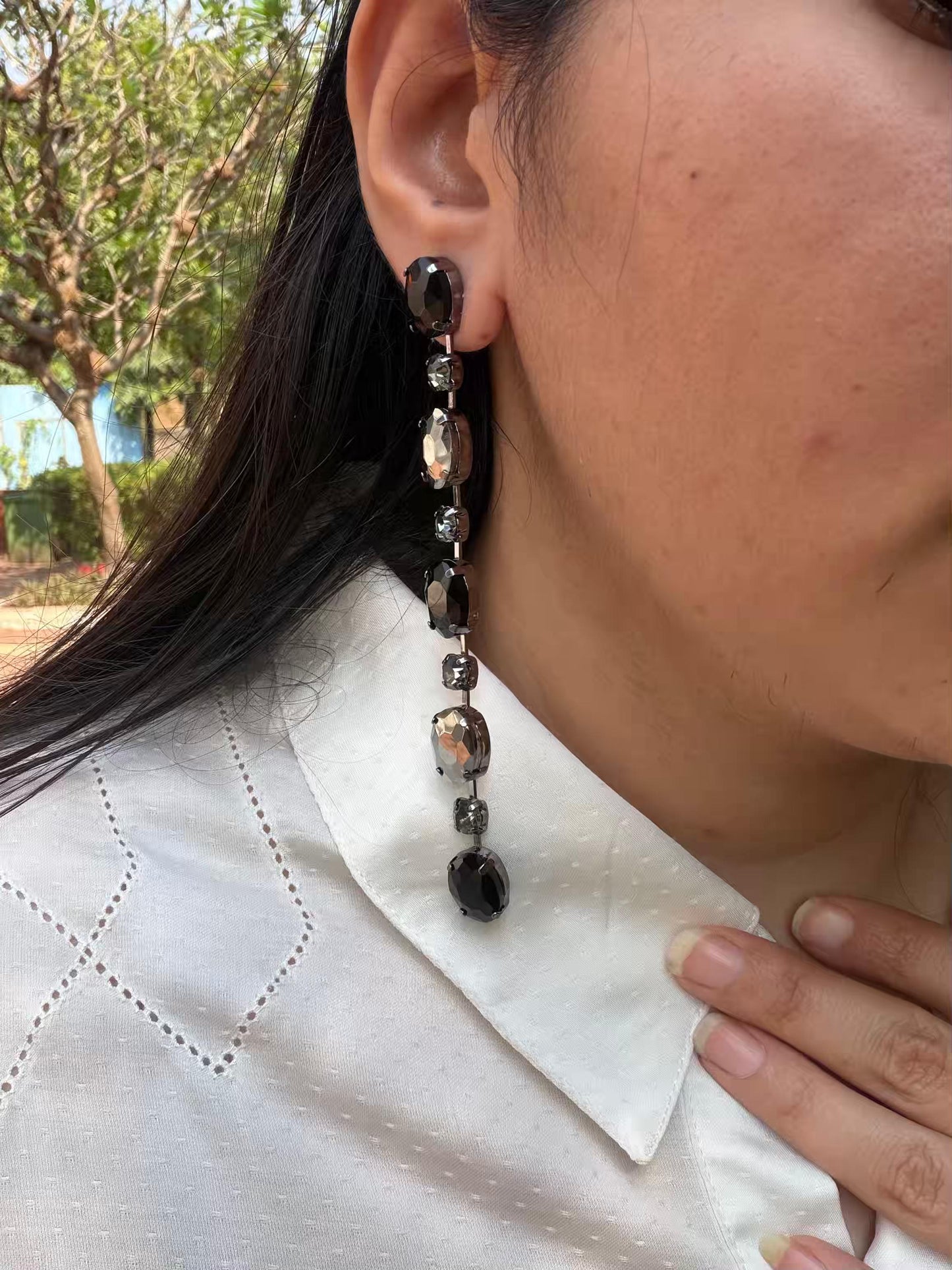 Black And Silver Stone Gold Plated Earrings