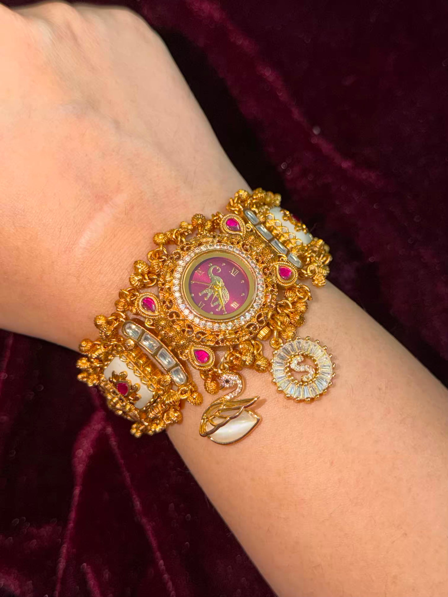 Swan S Burgundy Elephant Heritage Watch Rakhi in Premium Swarovski (Free Initial)