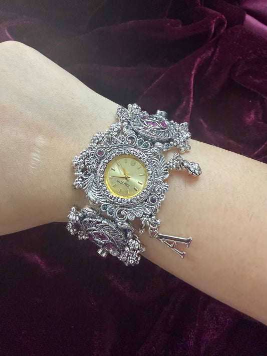 Maharani Inspired Ethnic Silver-Tone Navratri Oxidised Heritage Watch