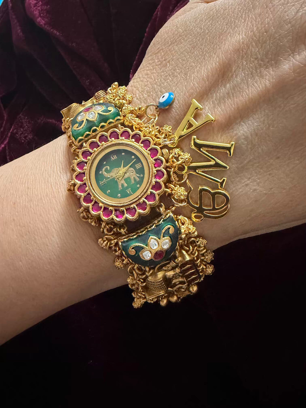 Emerald Green Ruby Halo Round Dial Evil Eye Charm Heritage Maharani Watch Bracelet