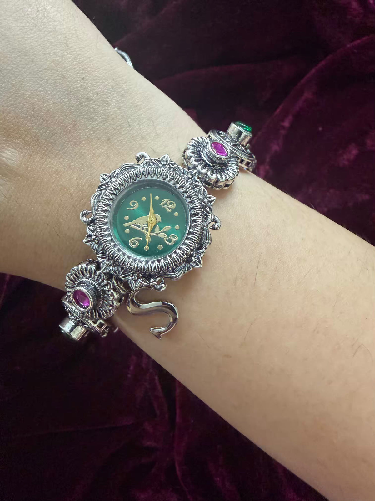 Nazakat Emerald Bloom Silver-Tone Navratri Oxidised Heritage Watch