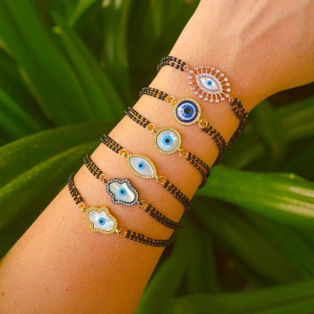 Spikes Mother of Pearl Evil Eye Double Mangalsutra  Bracelet ( Rose Gold )