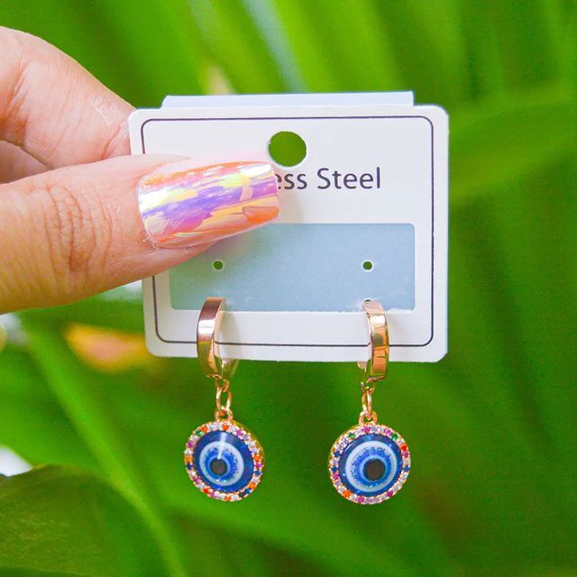 Blue Evil Eye Studded Huggies Earrings ( Rose Gold )