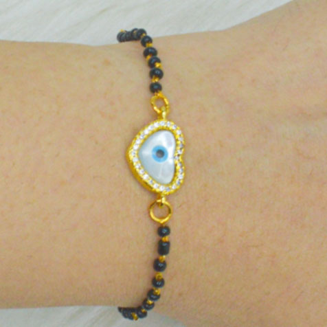 Evil Eye Mangalsutra Bracelet ( Mother Of Pearl Heart ) - Gold