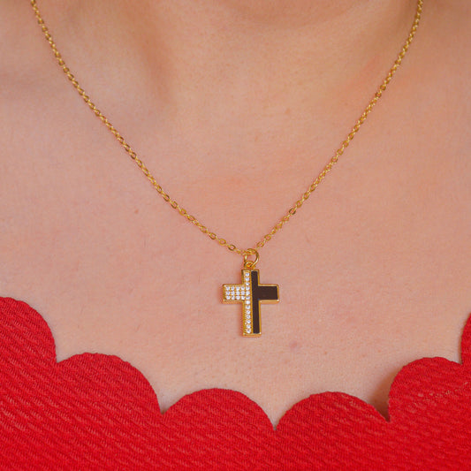 Black and White Cross Necklace - Gold