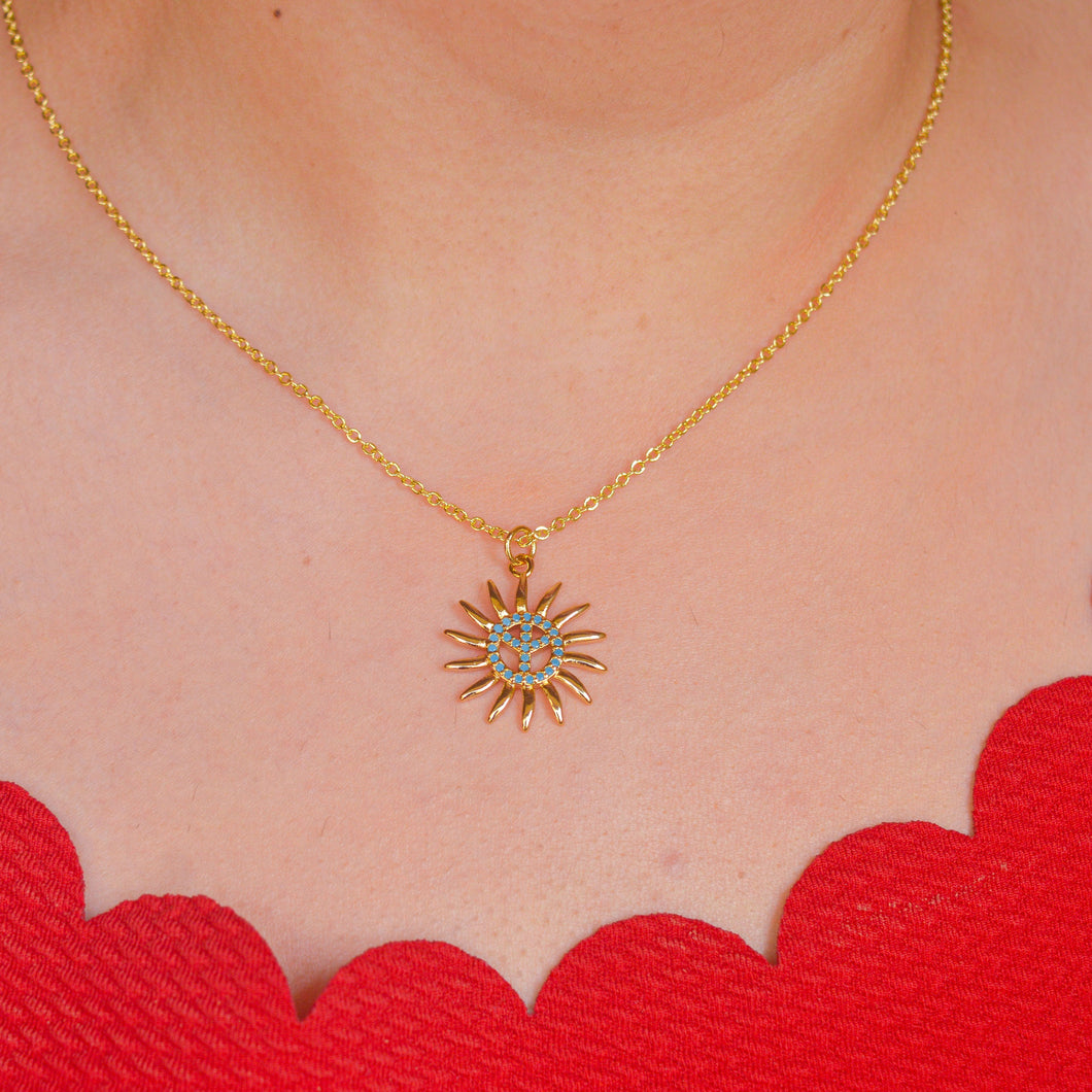 Blue Stone Studded Peace Necklace - Gold