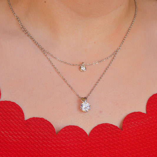 Diamond Dual Layered Necklace - Silver