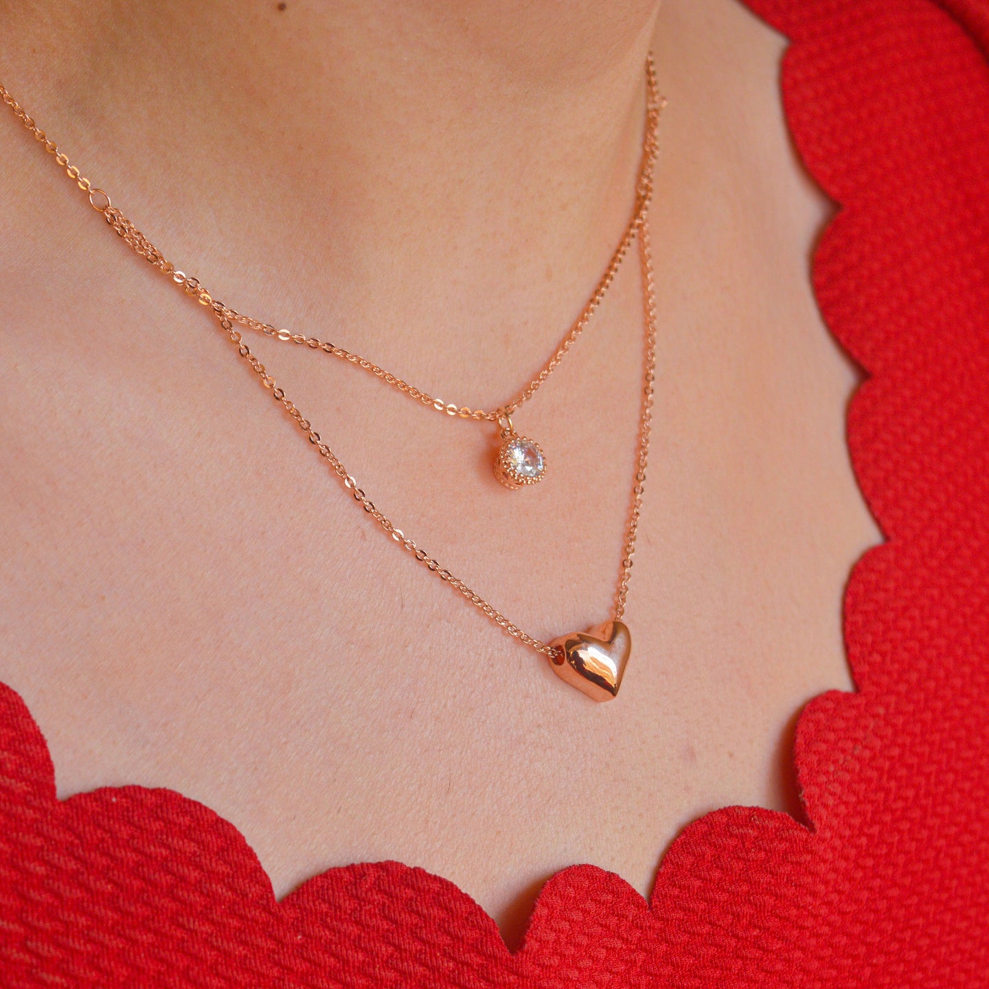 Heart Dual Layered Necklace - Rose Gold