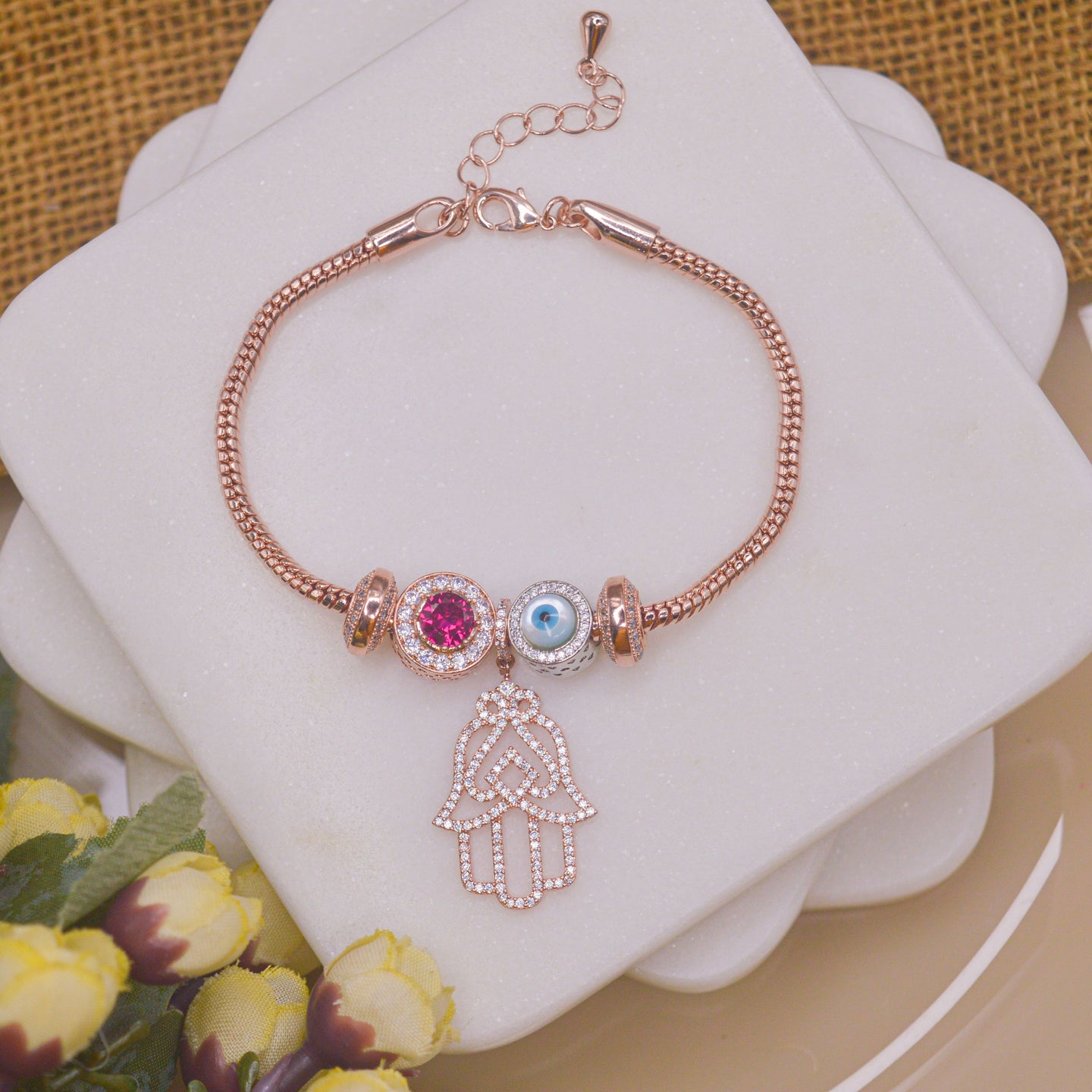 Hamsa Ruby Diamond Evil Eye Royal Charm Bracelet - Rose Gold Polish