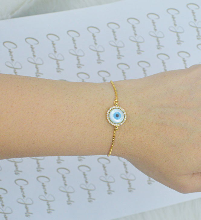 Gold Round Mother of Pearl Evil Eye Adjustable Bracelet