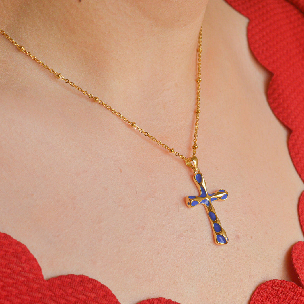 Blue Cross Necklace - Gold
