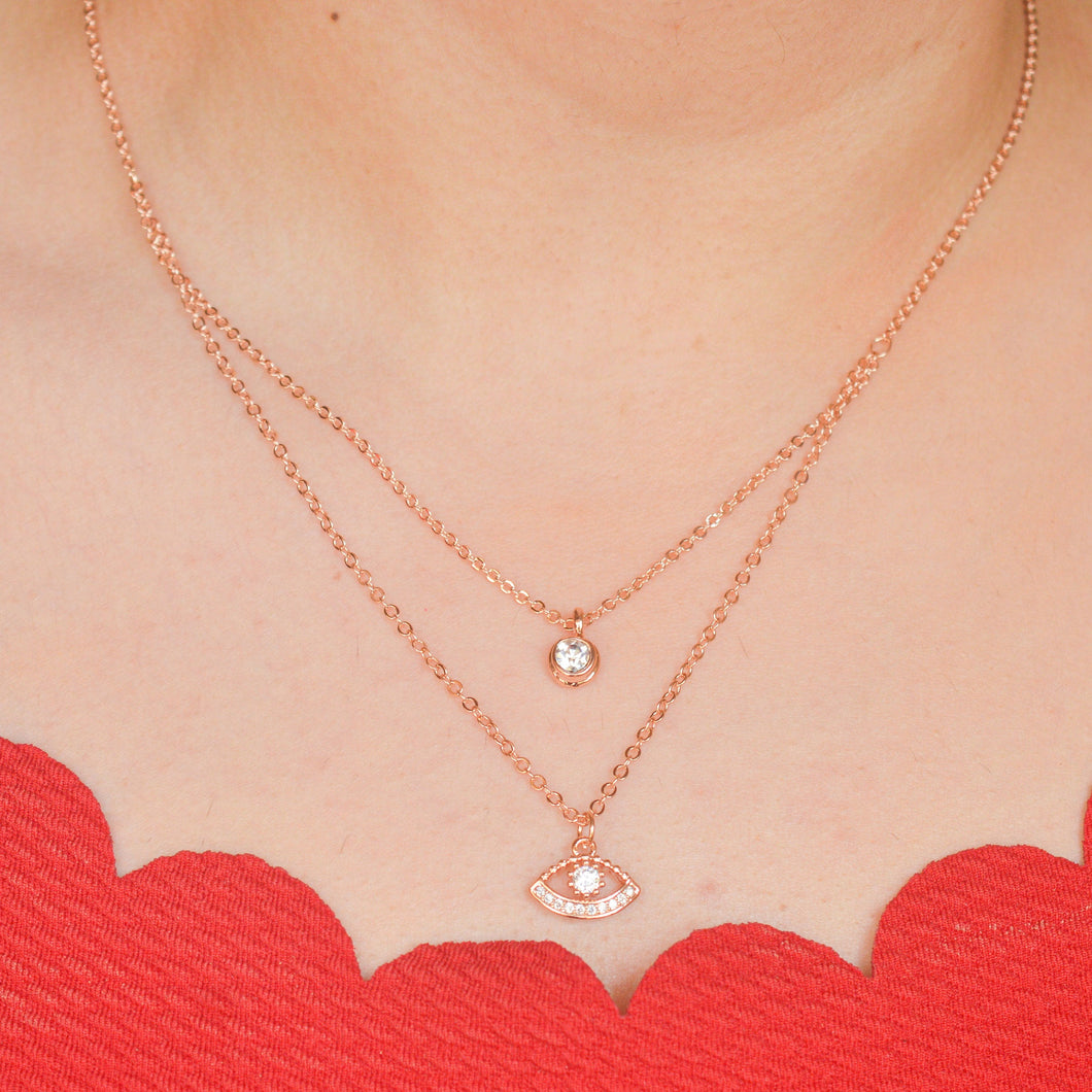 Diamond Evil Eye Dual Layered Necklace - Rose Gold