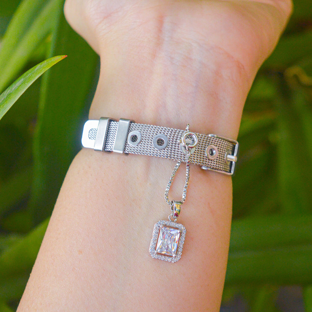 Square Solitaire Watch Charm ( Silver )