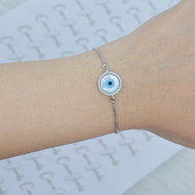 Load image into Gallery viewer, Silver Mother of Pearl Round Evil Eye Bracelet
