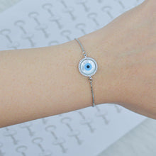 Load image into Gallery viewer, Silver Round Mother of Pearl Evil Eye Adjustable Bracelet
