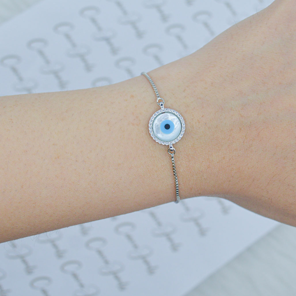 Silver Round Mother of Pearl Evil Eye Adjustable Bracelet