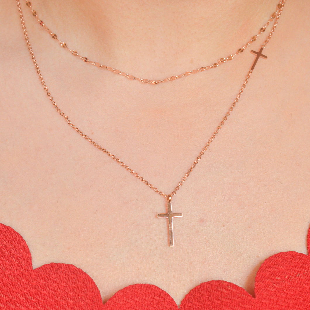 Jesus Tri Cross Layered Necklace - Rose Gold