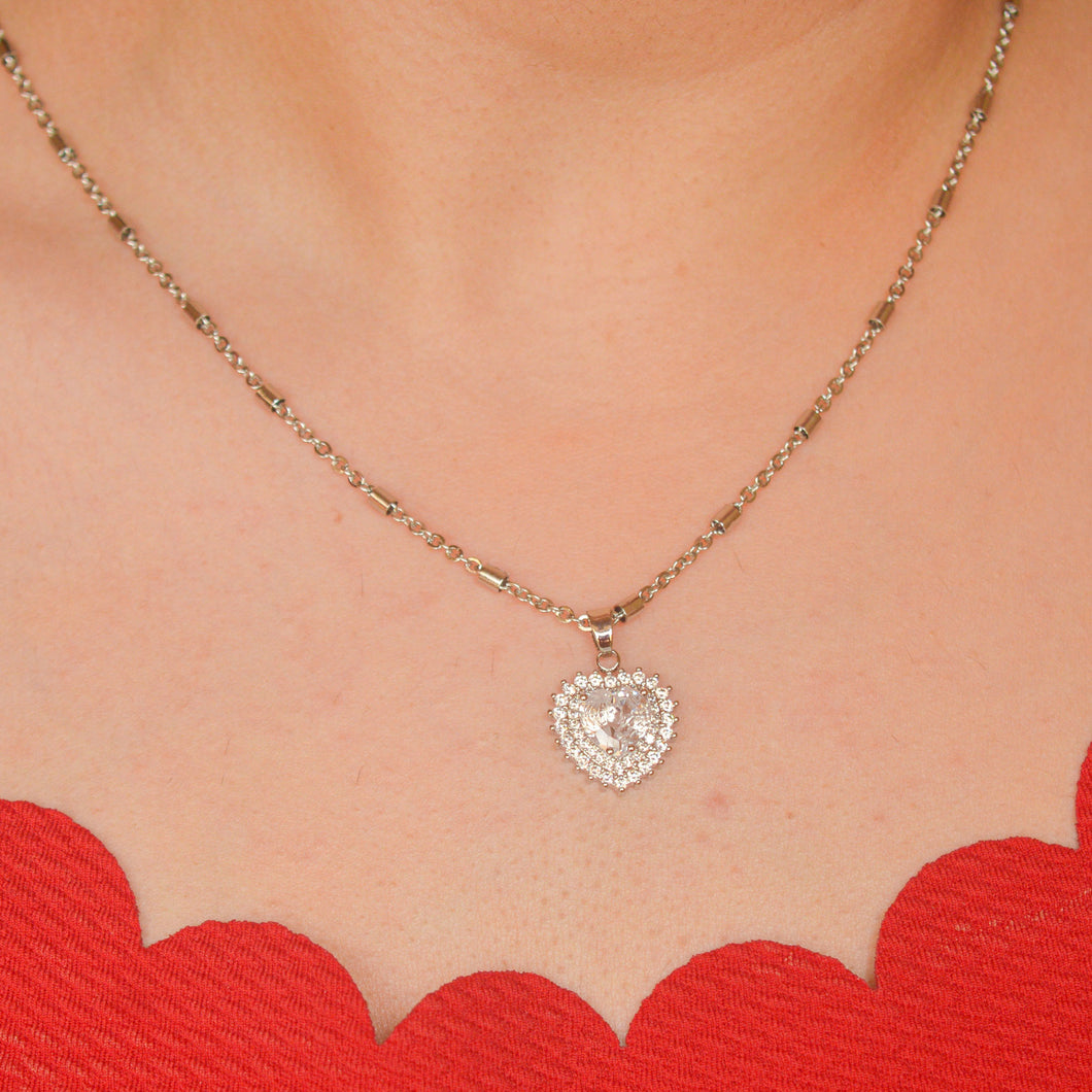 Silver Solitaire Diamond Heart Necklace