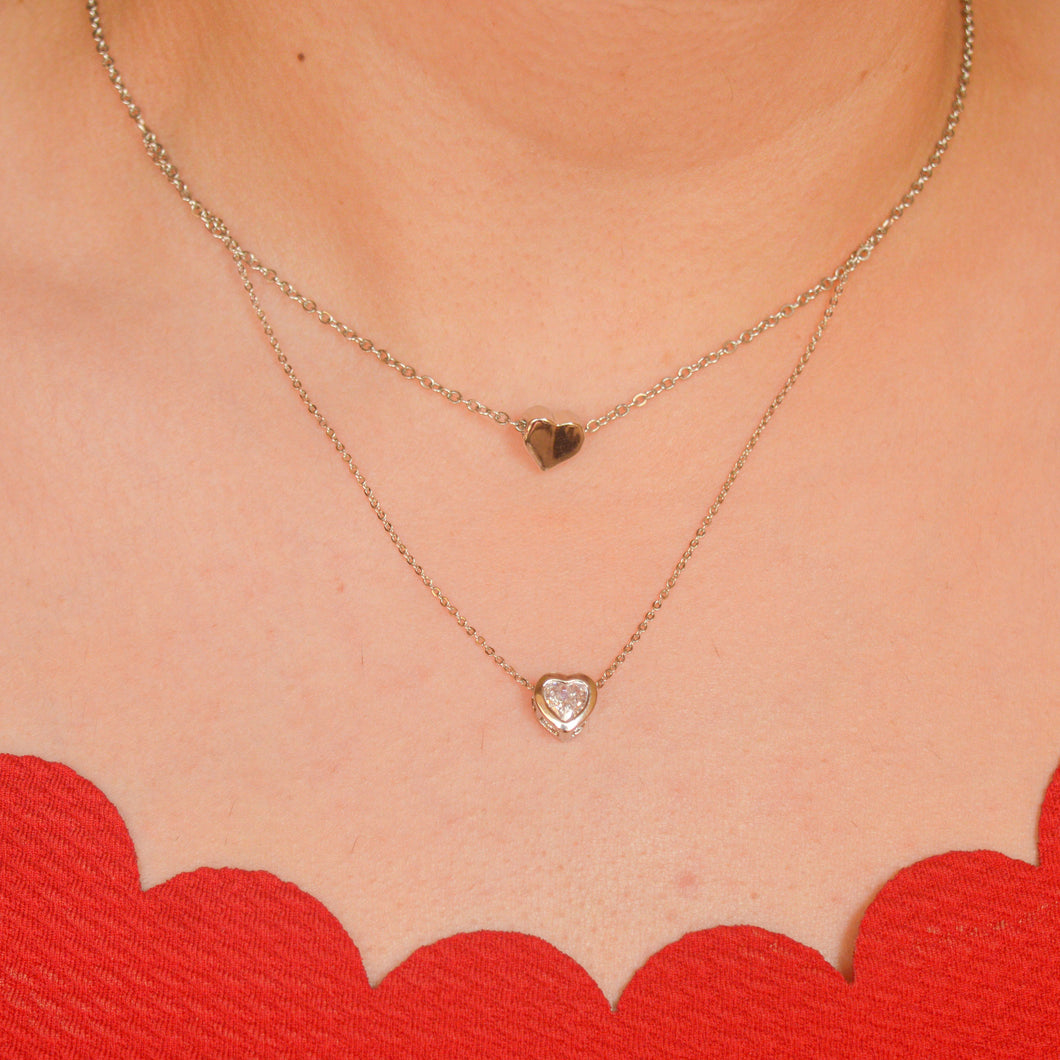 Dual Hearts Layered Necklace - Silver