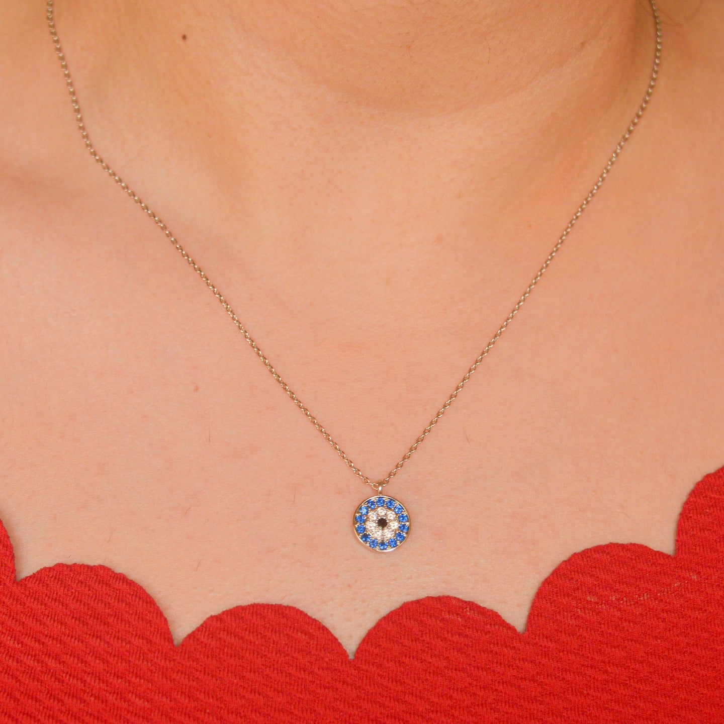 Blue Round Evil Eye Necklace - Silver