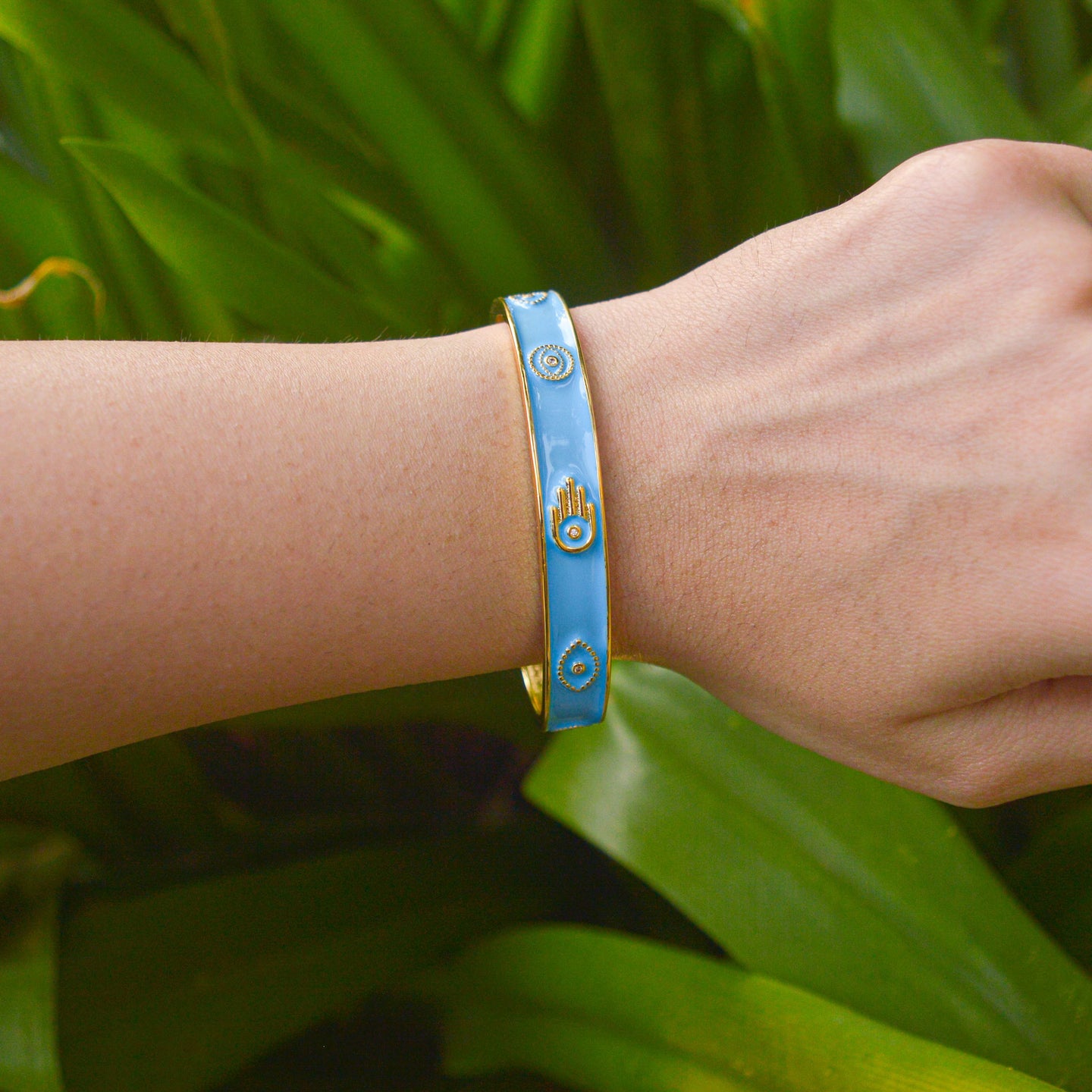 Hamsa Evil Eye Sky Blue Kadha Bracelet Bangle - Gold