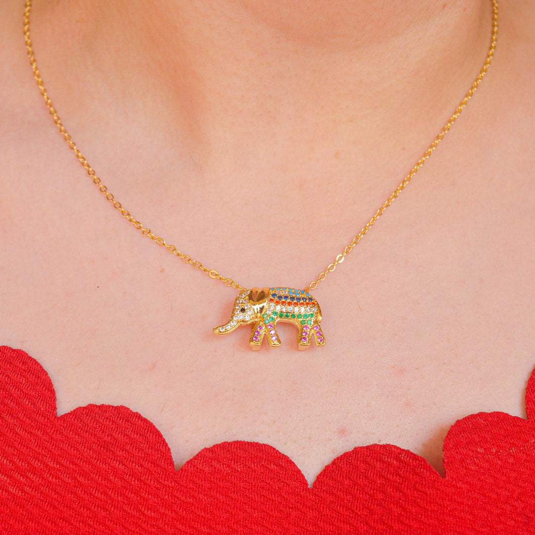 Studded Multicolor Elephant Necklace - Gold