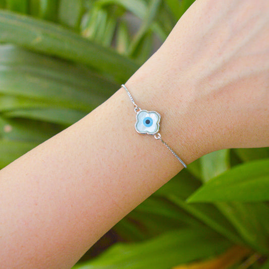 Silver Color Clover Evil Eye Bracelet