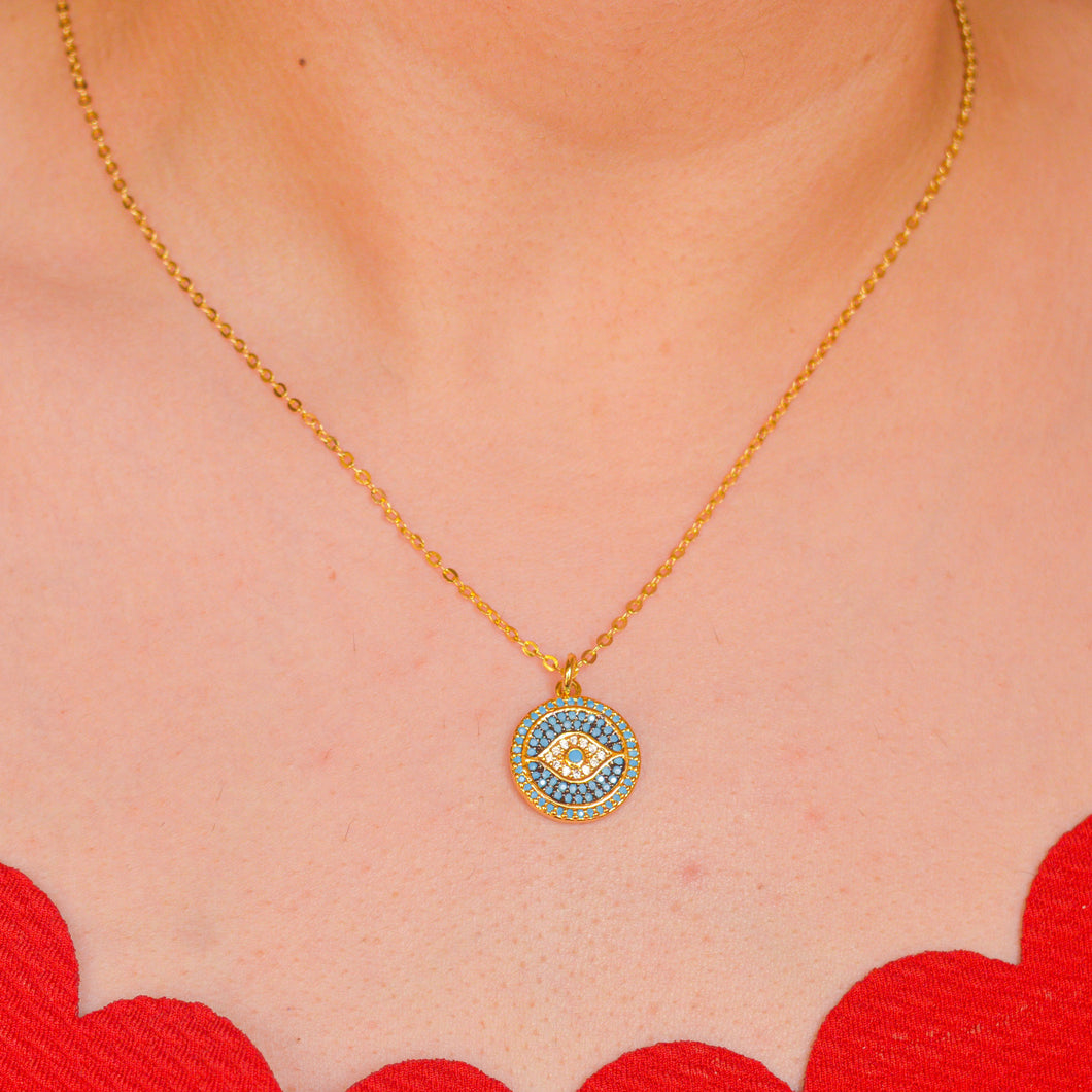 Turquoise Sequins Evil Eye Necklace - Gold