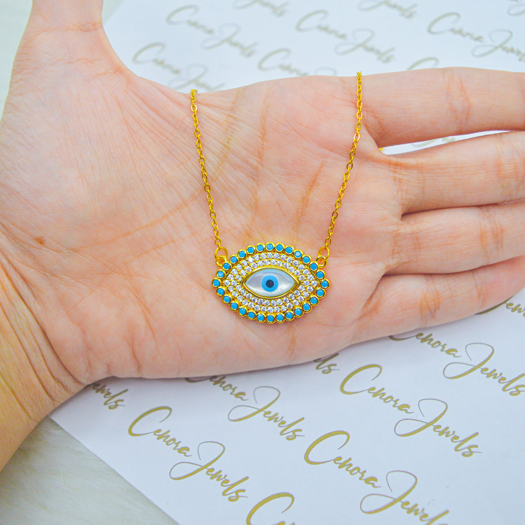 Turquoise Stones Mother of Pearl Evil Eye Necklace