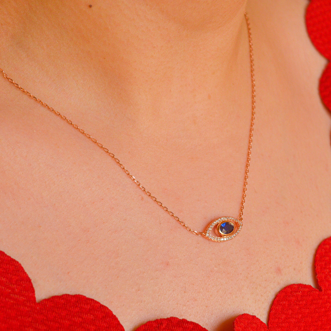 Sapphire Stone Evil Eye Necklace - Rose Gold