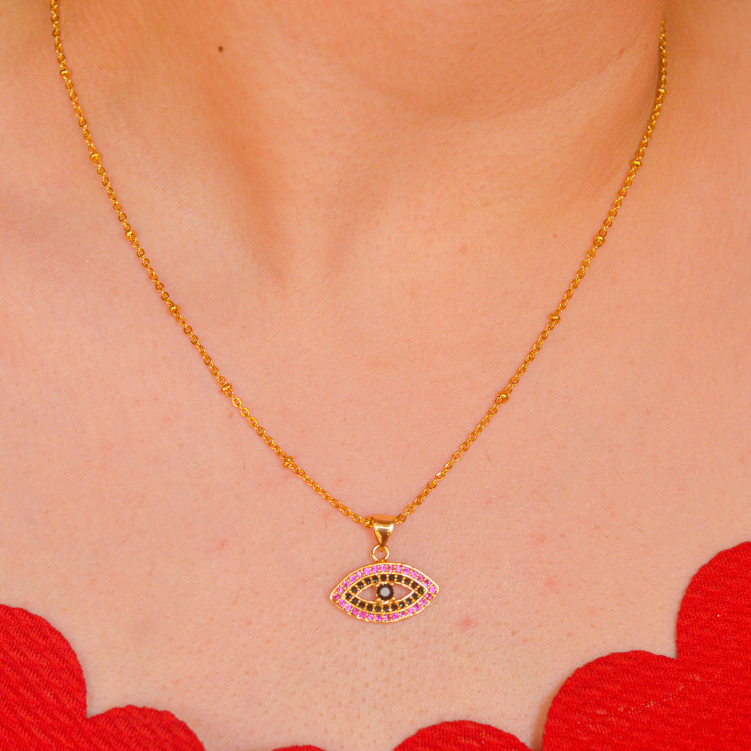Pink Evil Eye Necklace - Gold