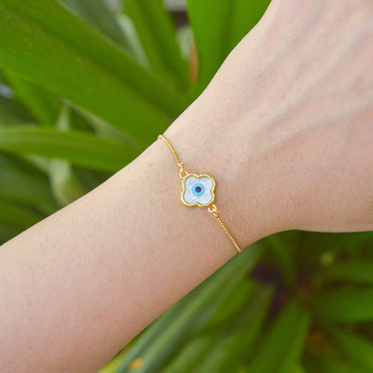 White Clover Mother of Pearl Evil Eye Gold Color Bracelet