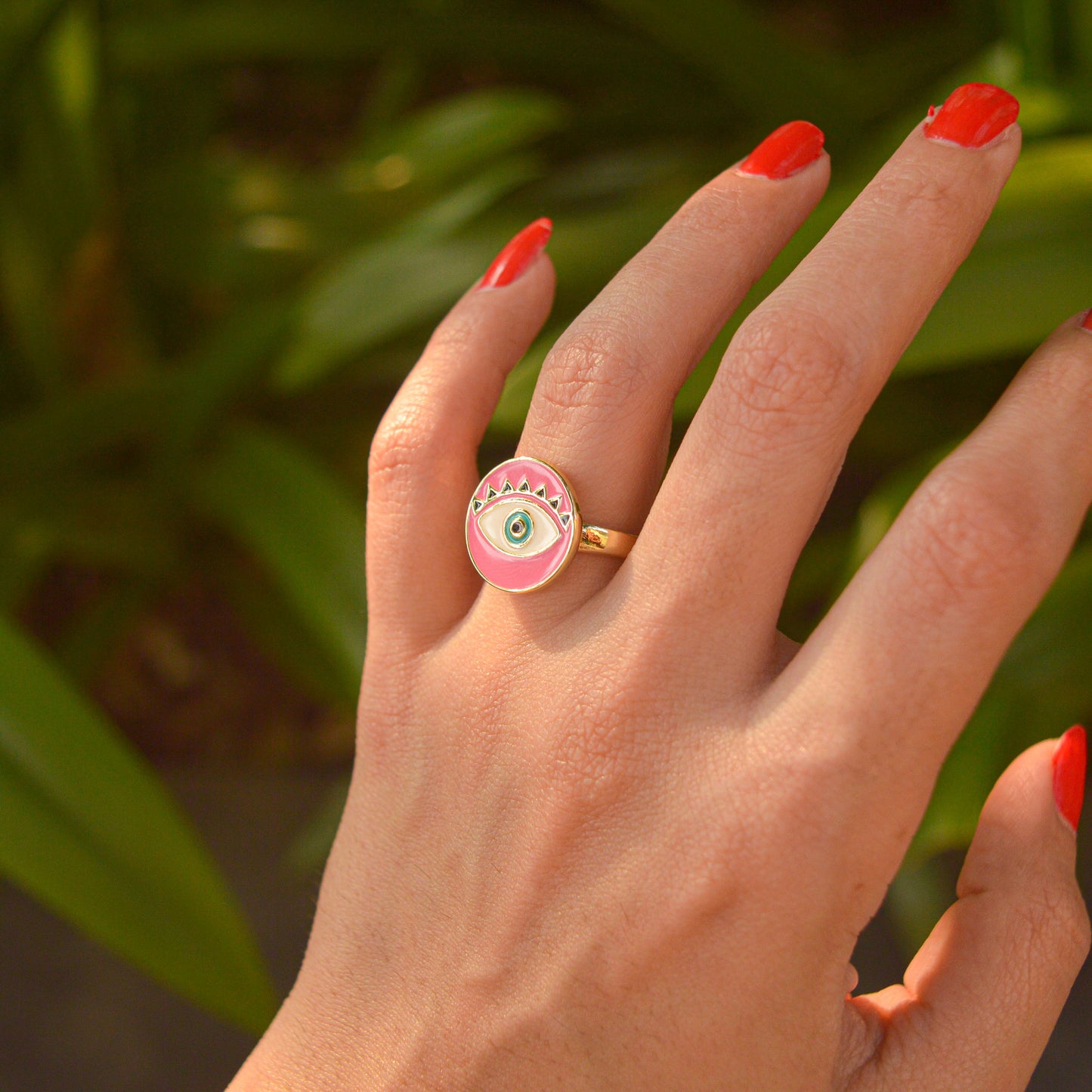 Baby Pink Round Evil Eye Ring ( Gold ) Adjustable