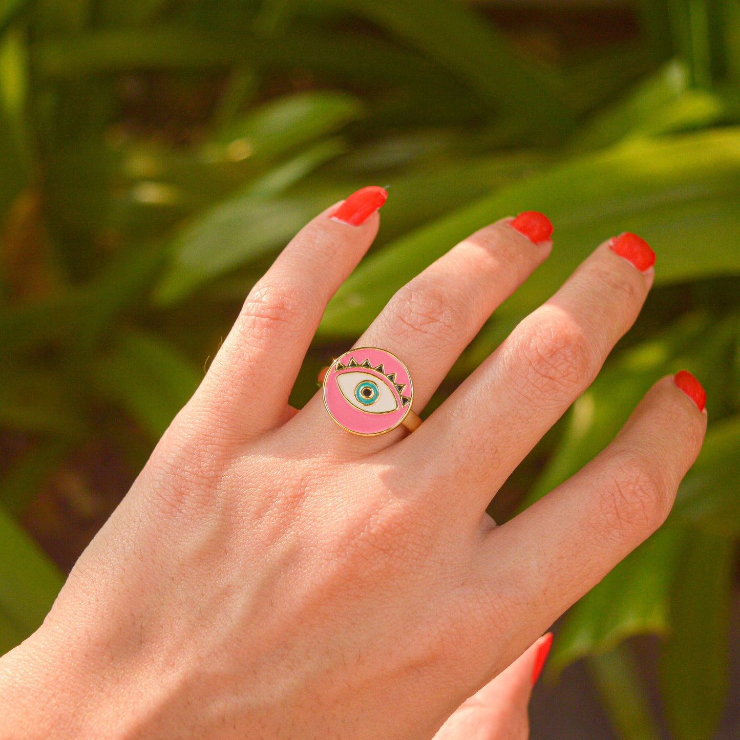 Baby Pink Round Evil Eye Ring ( Gold ) Adjustable