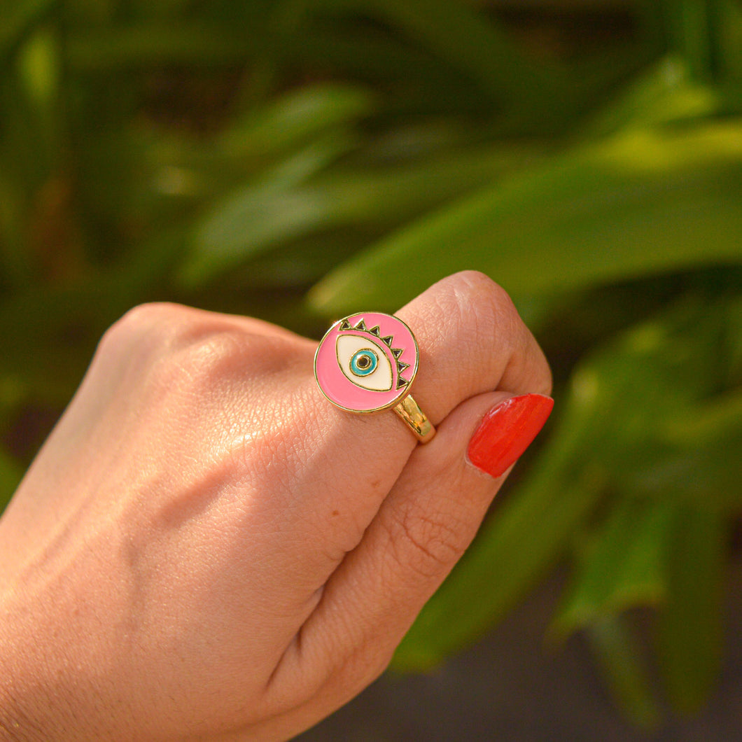 Baby Pink Round Evil Eye Ring ( Gold ) Adjustable