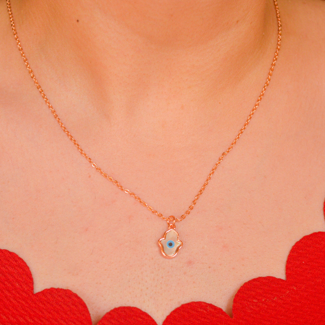 Tiny Hamsa Pearl Evil Eye Necklace - Rose Gold