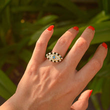 Load image into Gallery viewer, White Black Striped Dainty Blue Aquamarine Stone Evil Eye Ring ( Gold )
