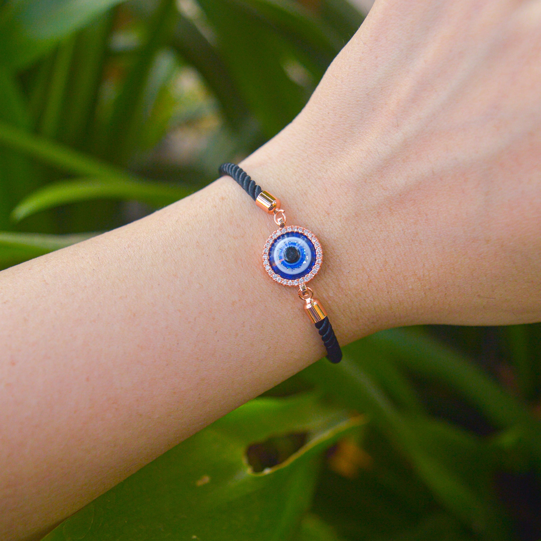 Nazar Battu Blue Studded Evil Eye Rose Gold Color Bracelet with Black Cenora Jewellery