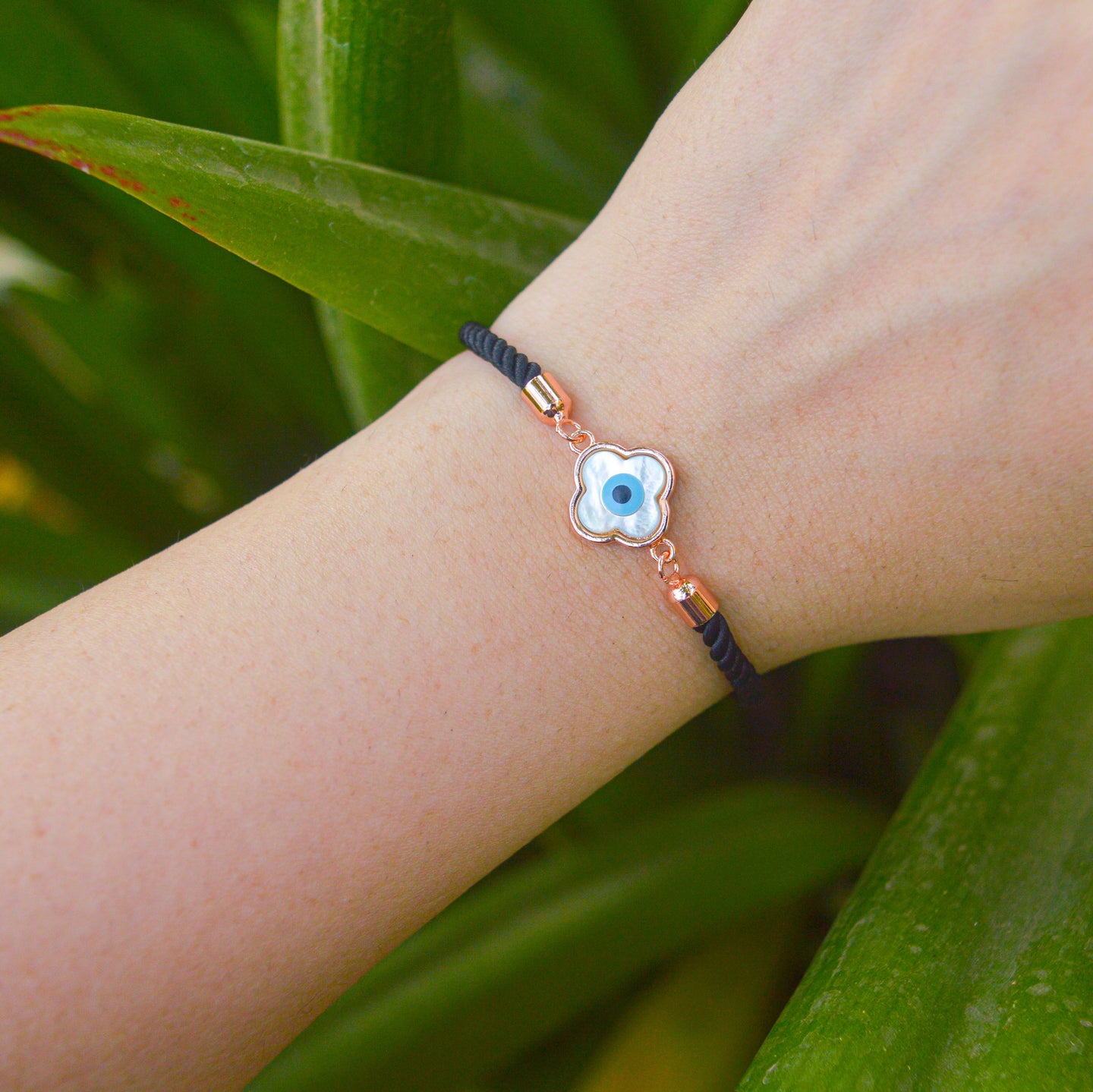 Clover Pearl Evil Eye Rose Gold Color Bracelet with Black Band